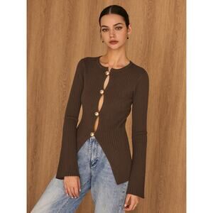 Commense Old Money Minimalist Golden Button Chocolate Brown Split Knit Top M